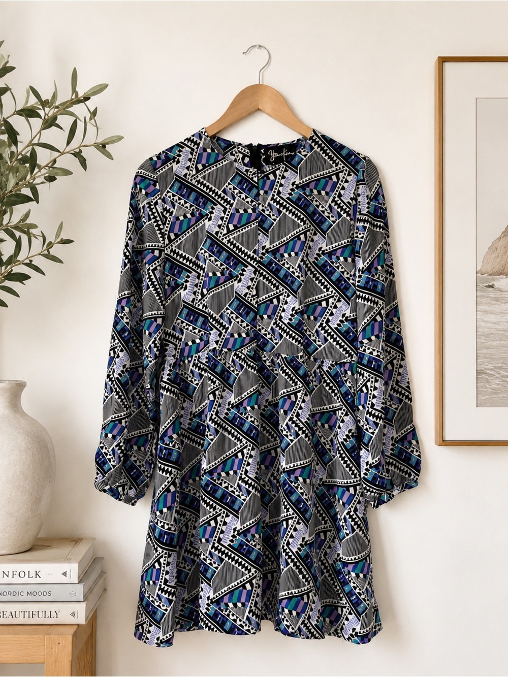 Yumi Kim 100% Silk Geometric Print Long Sleeve Dress L Pockets